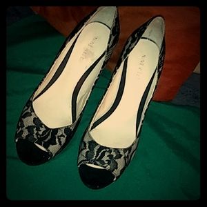 9 west black lace open toe heels